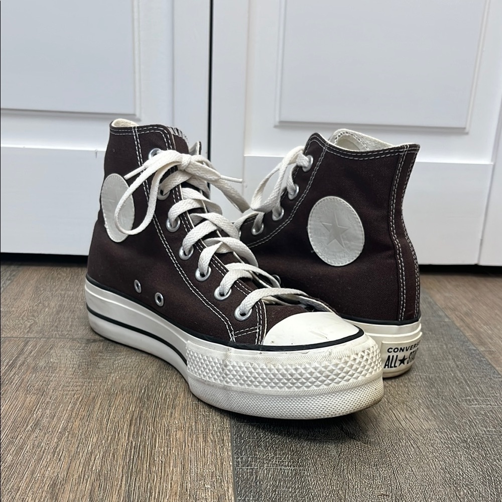 Converse Women’s High Top Platform Sneakers in Dark Brown with White Accents